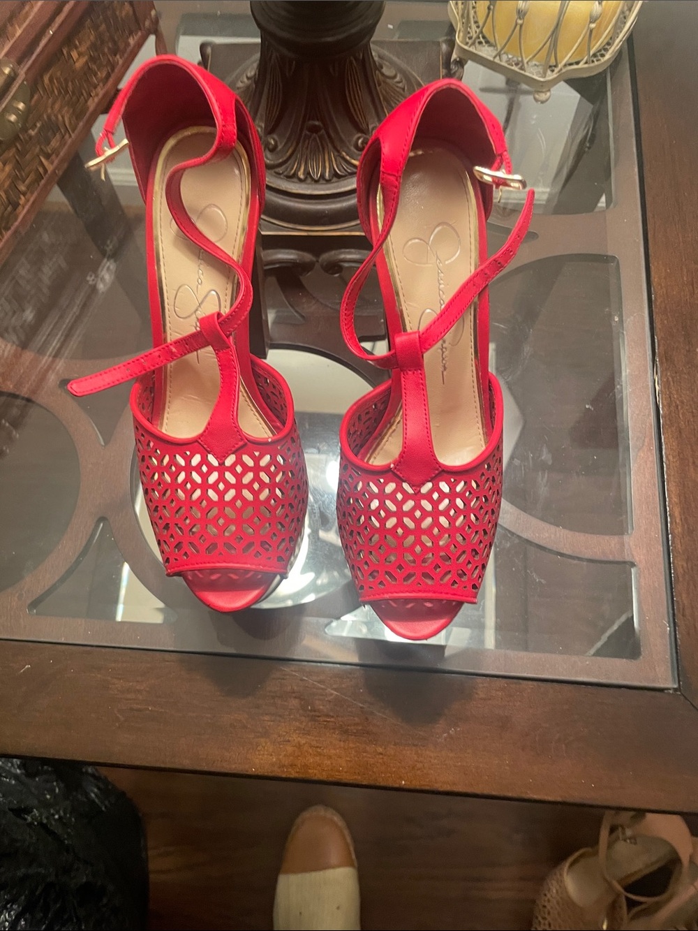 Jessica Simpson Red Laser-Cut Peep-Toe Platform Heels with Ankle Strap